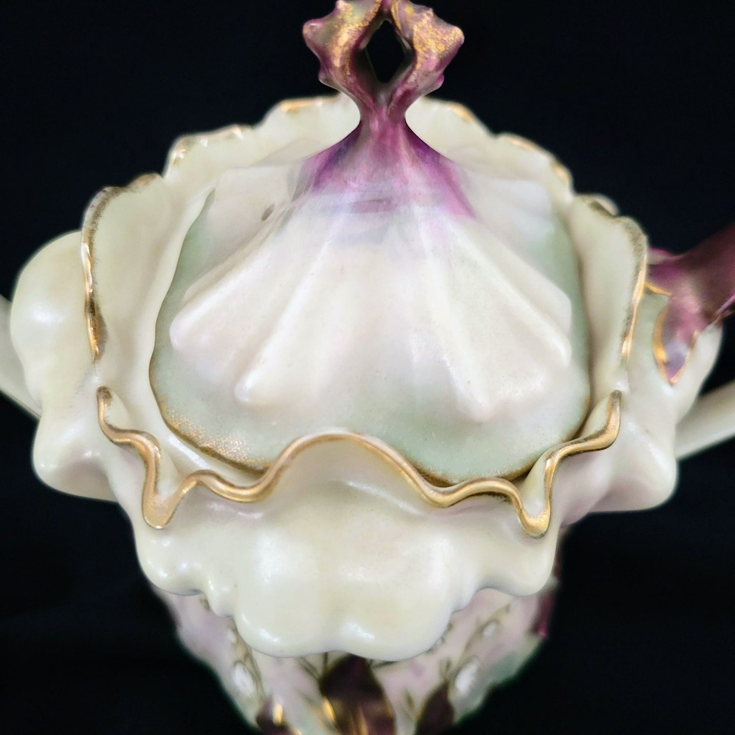 Rare Vintage RS Prussia Lily of the Valley Teapot Hand Painted on Satin Smooth Finish, Gold Accents