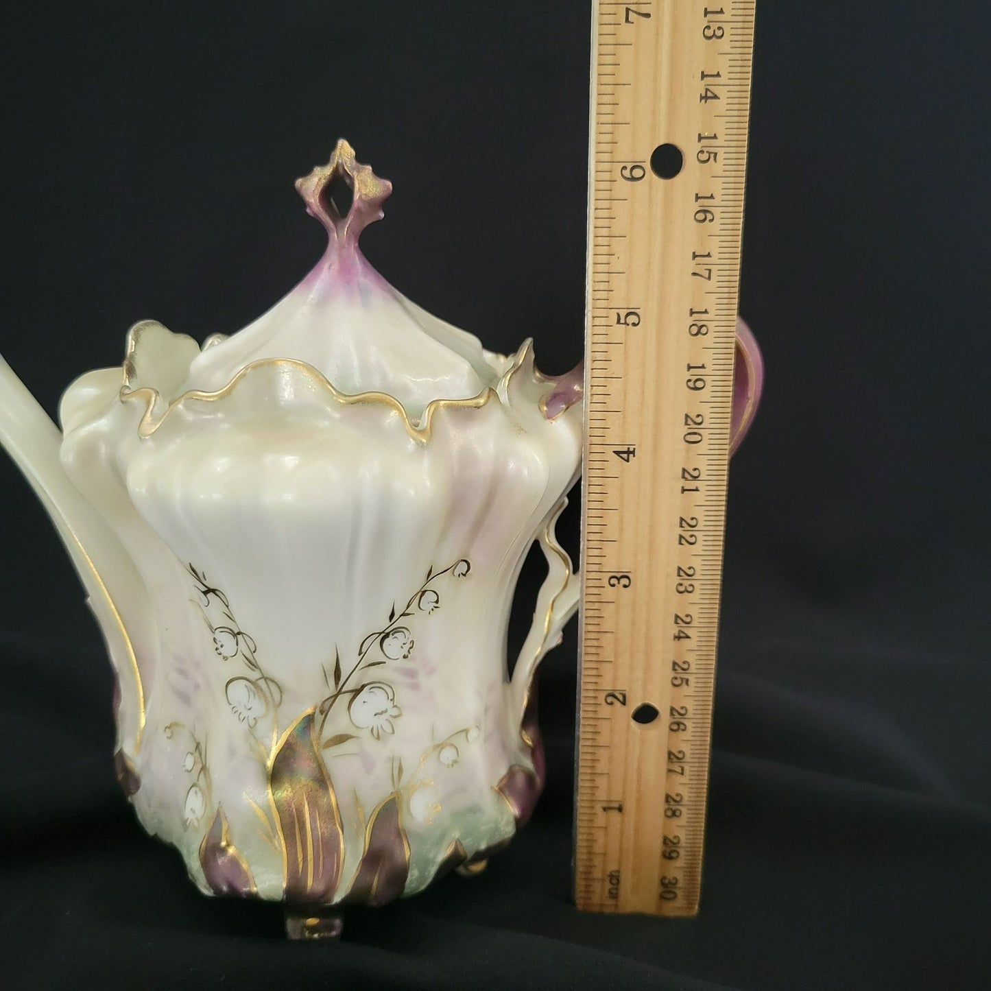 Rare Vintage RS Prussia Lily of the Valley Teapot Hand Painted on Satin Smooth Finish, Gold Accents