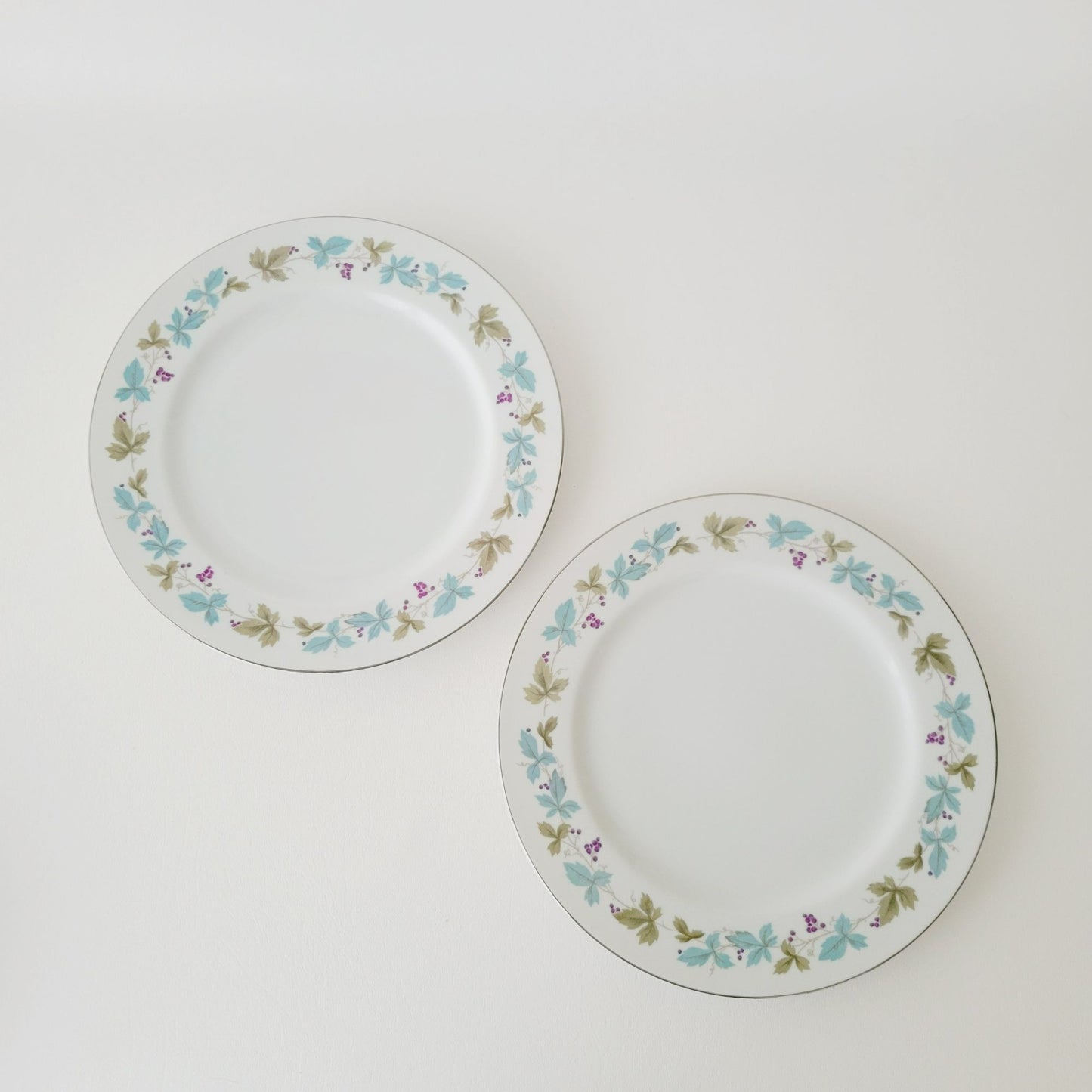 Vintage Blue & Green Leaf Dinner Plate Set of 2, Japan c. 1970s