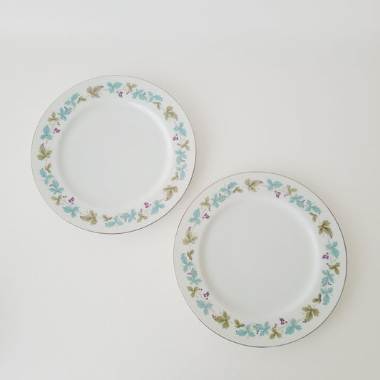Vintage Blue & Green Leaf Dinner Plate Set of 2, Japan c. 1970s