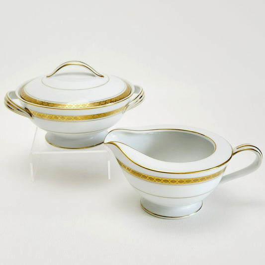 Noritake Richmond Creamer & Sugar Bowl, White Base Gold with Etched Band, Made in Japan