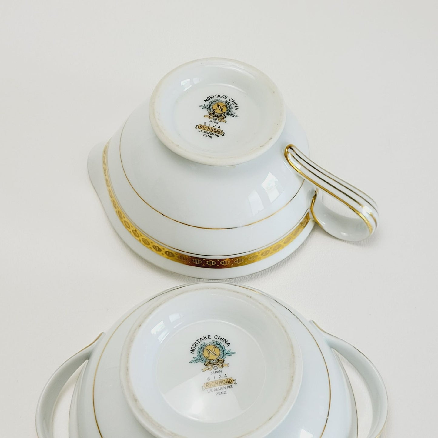 Noritake Richmond Creamer & Sugar Bowl, White Base Gold with Etched Band, Made in Japan