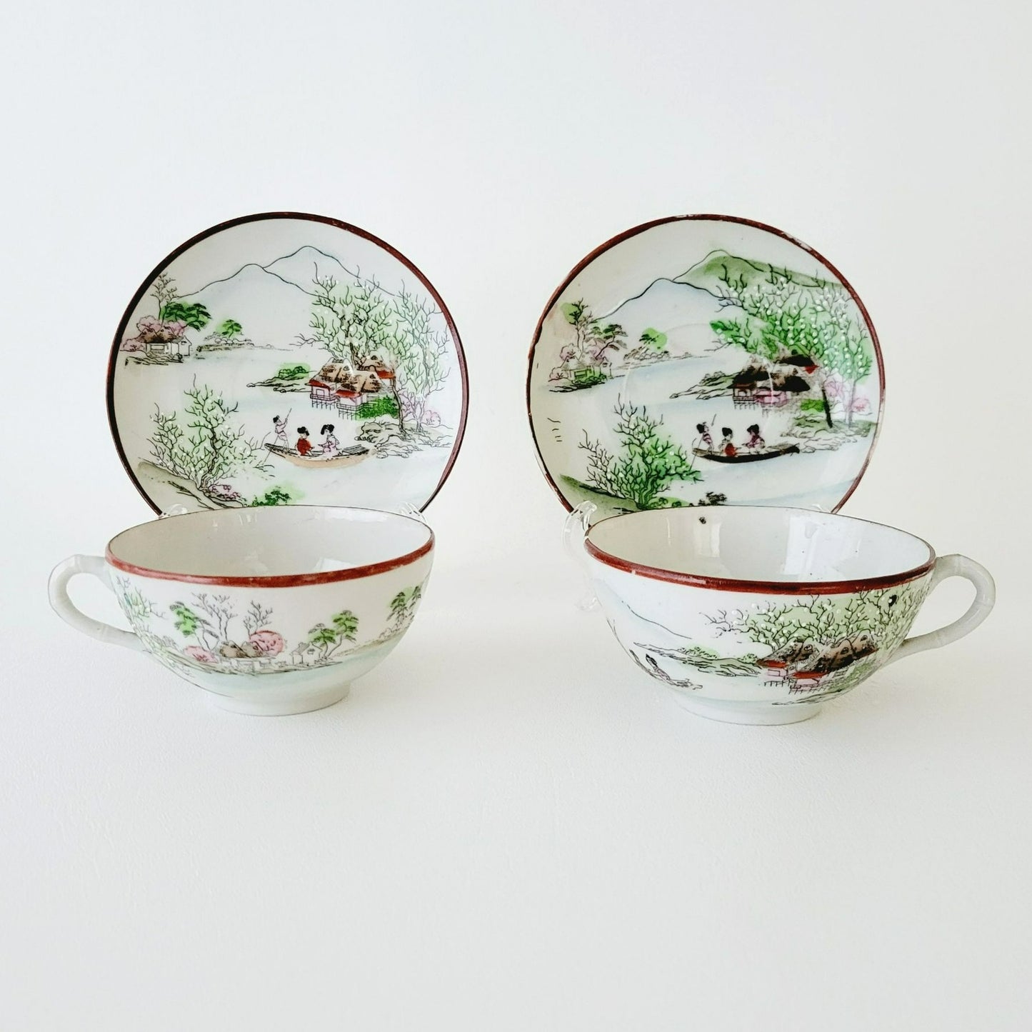 Nippon Kutani Landscape Teacup & Saucers, Hand Painted Japanese Mountain Lake Scene