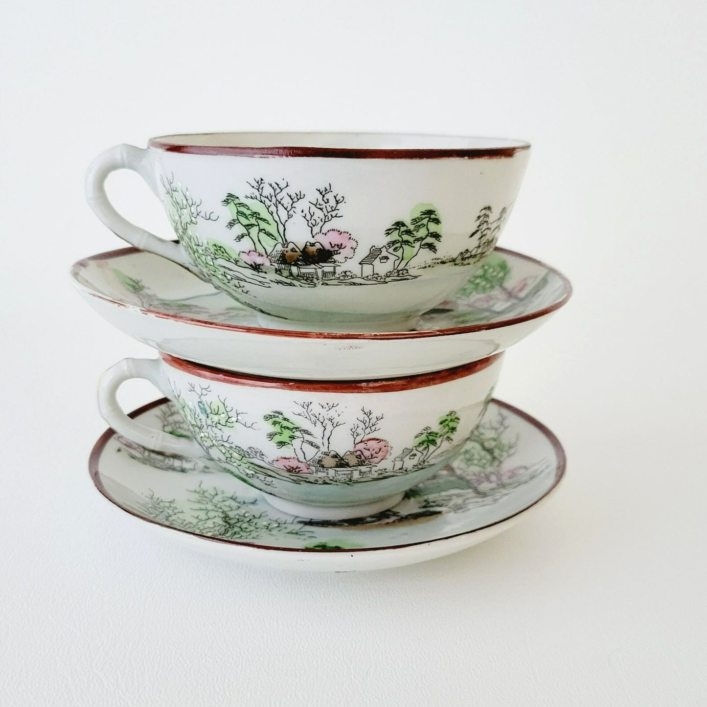 Nippon Kutani Landscape Teacup & Saucers, Hand Painted Japanese Mountain Lake Scene