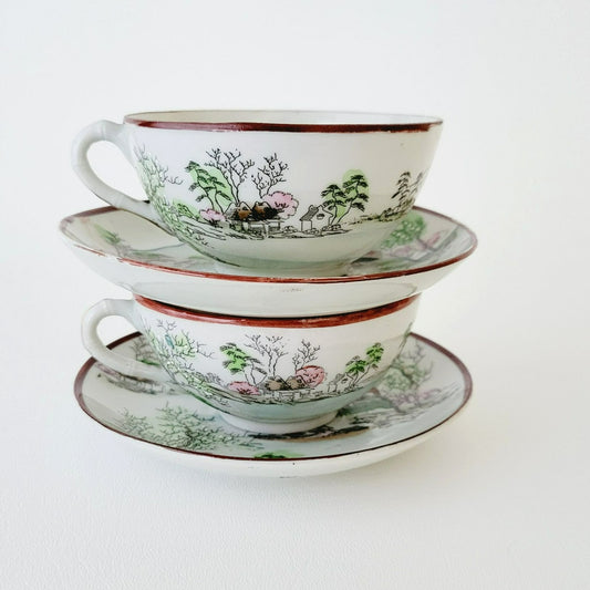 Nippon Kutani Landscape Teacup & Saucers, Hand Painted Japanese Mountain Lake Scene