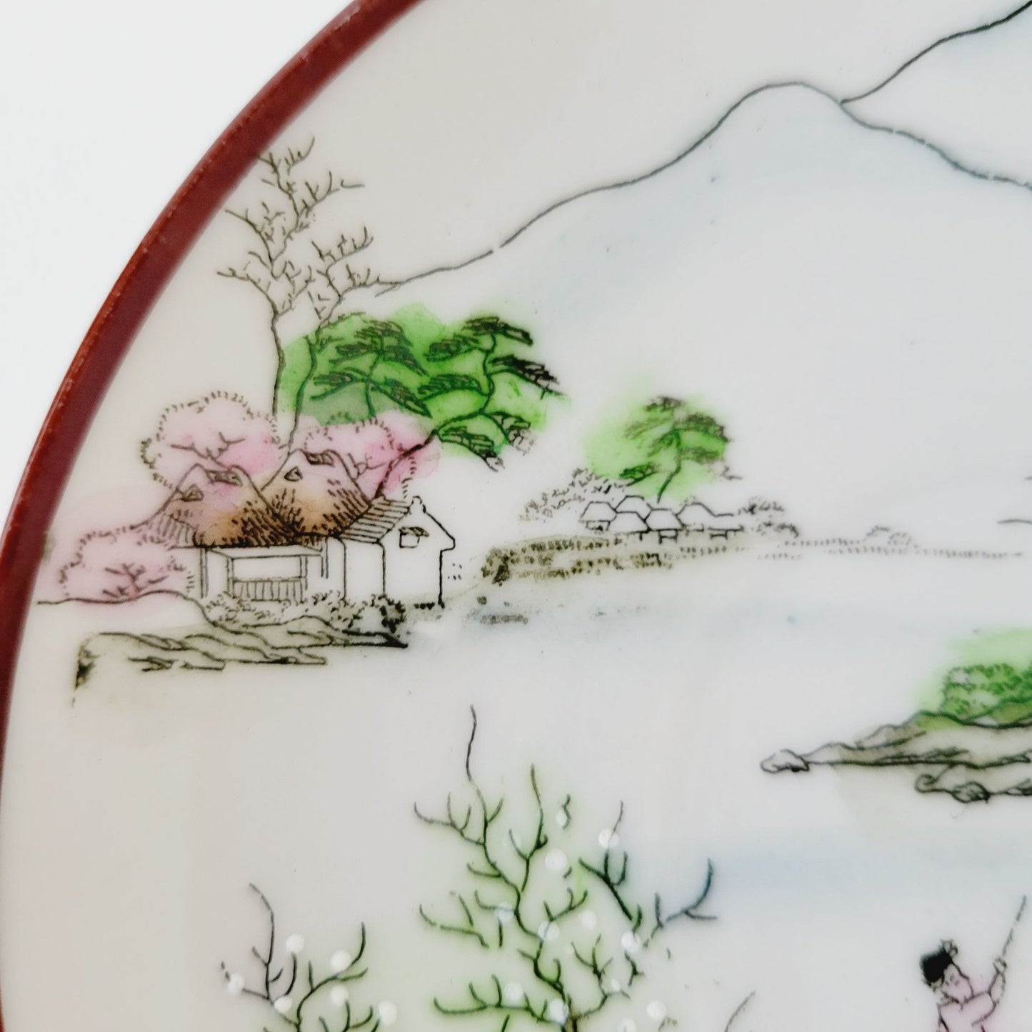 Nippon Kutani Landscape Teacup & Saucers, Hand Painted Japanese Mountain Lake Scene