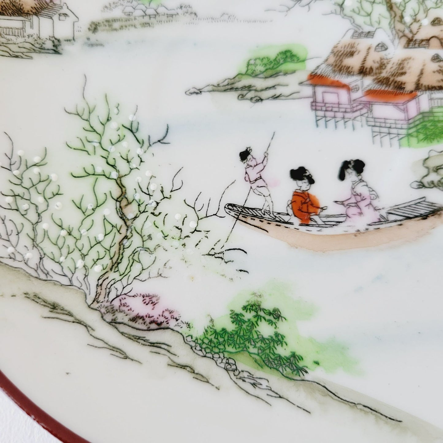 Nippon Kutani Landscape Teacup & Saucers, Hand Painted Japanese Mountain Lake Scene