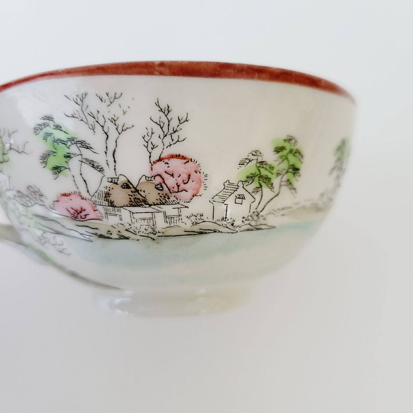 Nippon Kutani Landscape Teacup & Saucers, Hand Painted Japanese Mountain Lake Scene