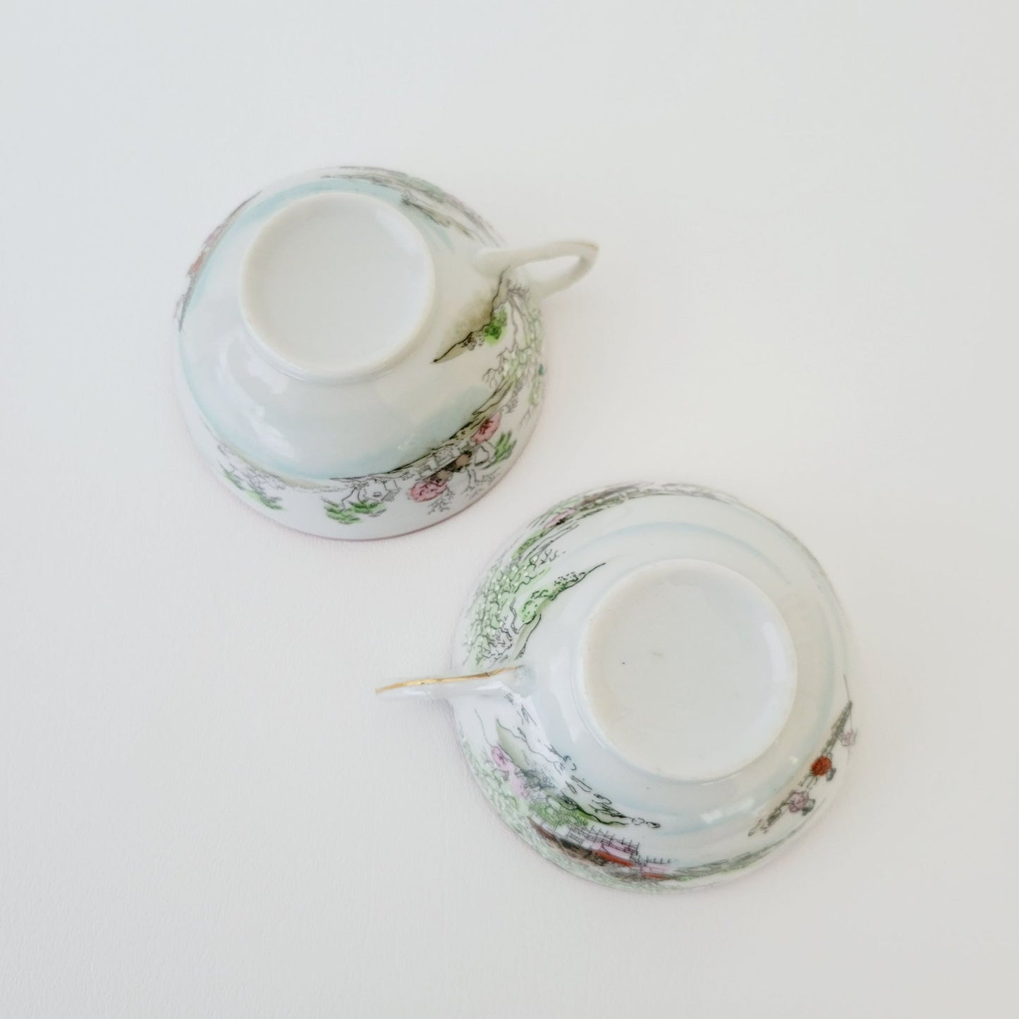 Nippon Kutani Landscape Teacup & Saucers, Hand Painted Japanese Mountain Lake Scene
