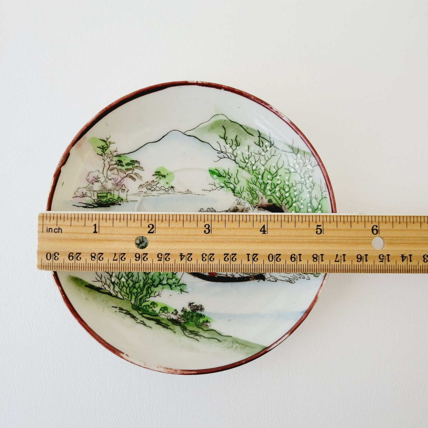 Nippon Kutani Landscape Teacup & Saucers, Hand Painted Japanese Mountain Lake Scene