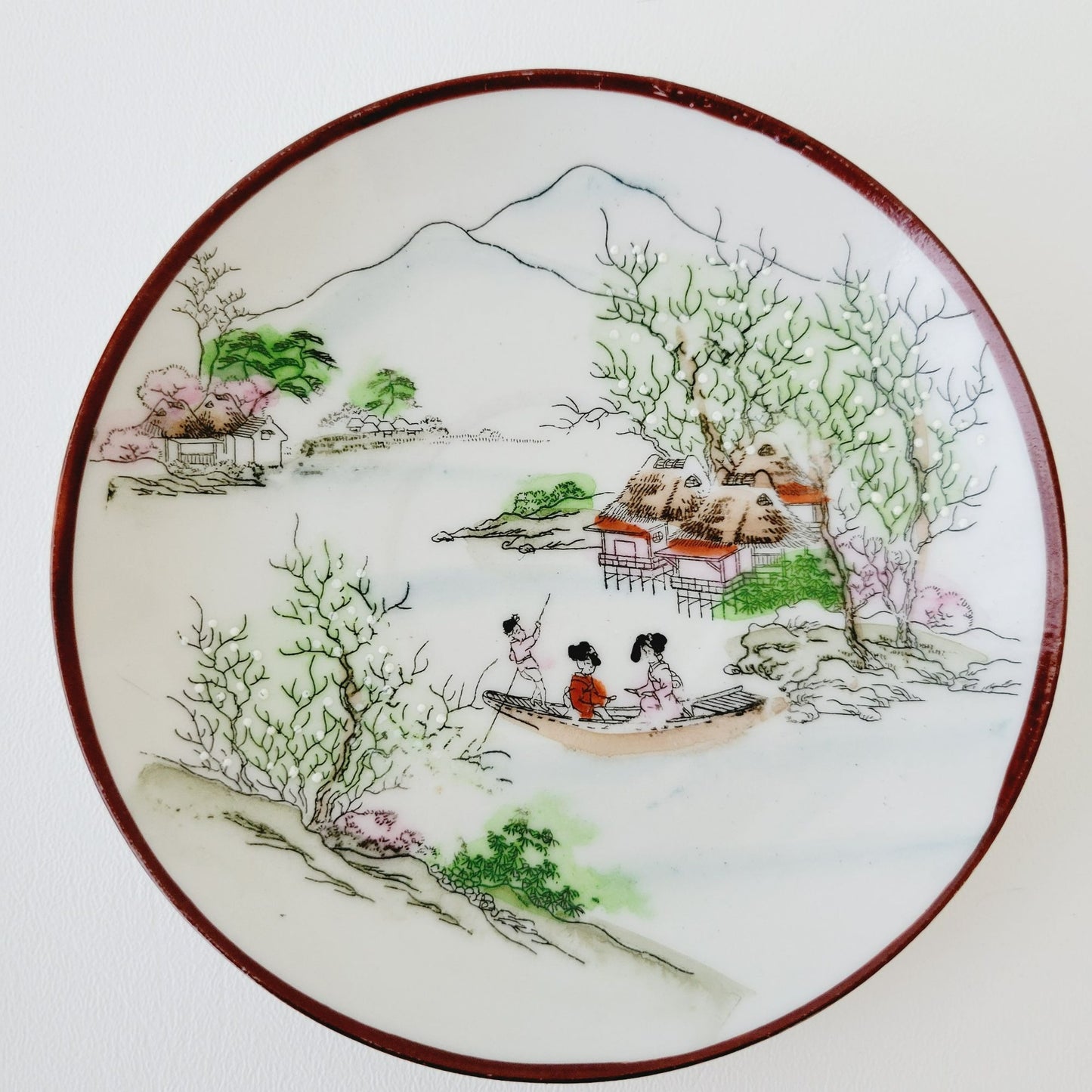 Nippon Kutani Landscape Teacup & Saucers, Hand Painted Japanese Mountain Lake Scene
