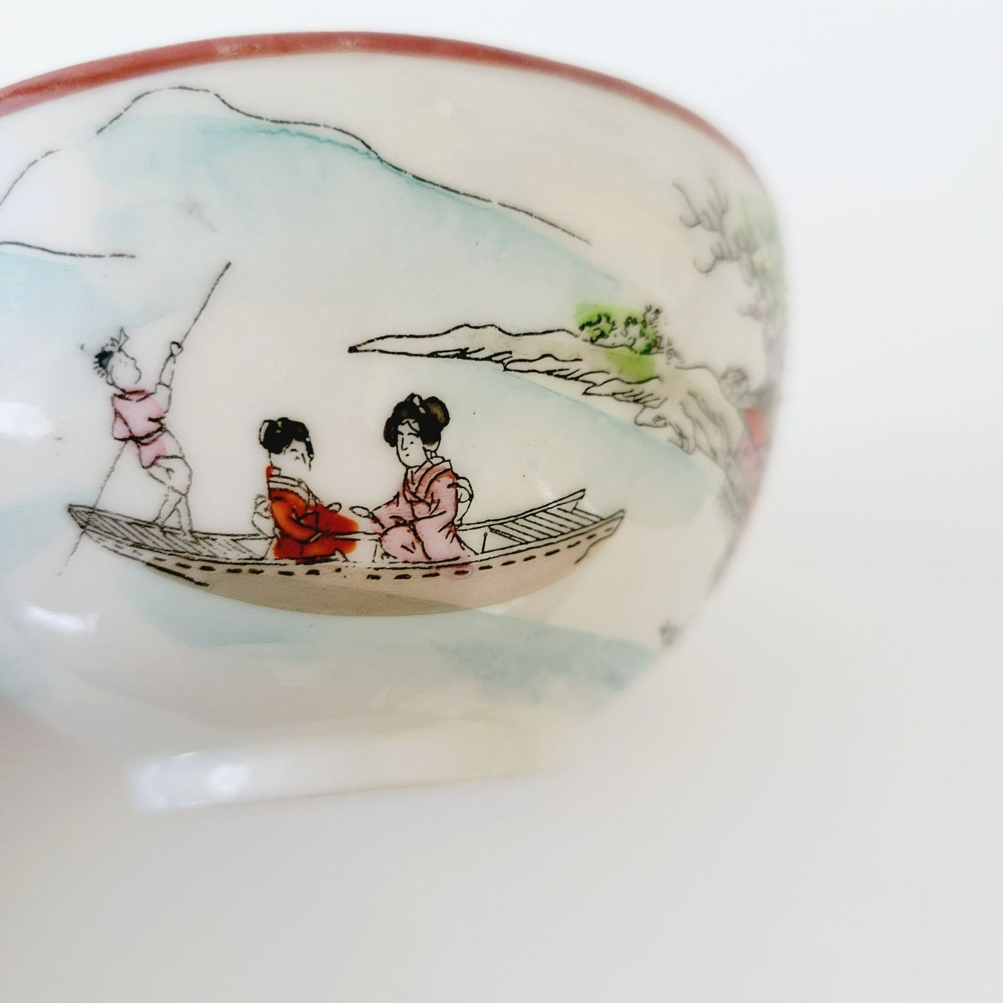 Nippon Kutani Landscape Teacup & Saucers, Hand Painted Japanese Mountain Lake Scene