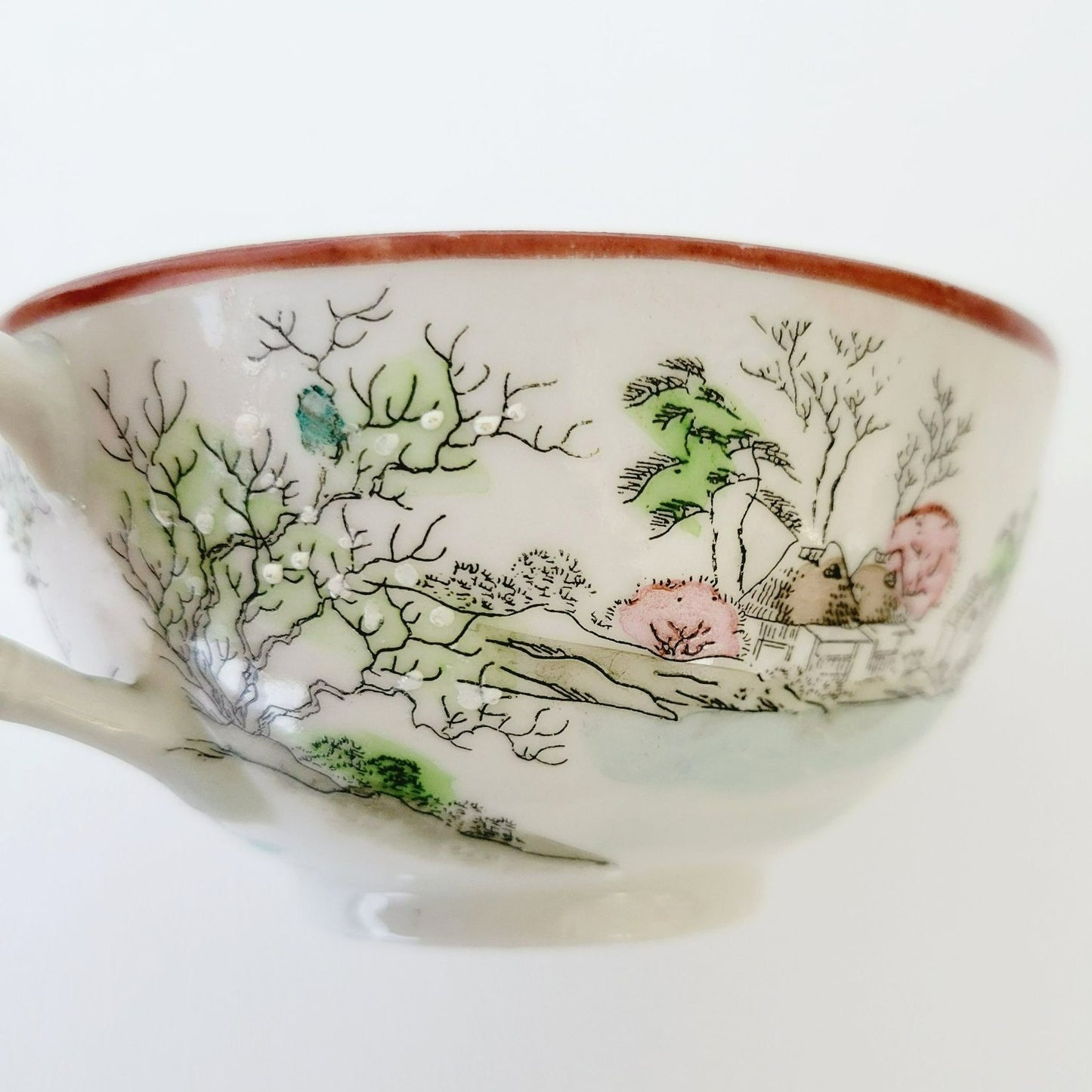 Nippon Kutani Landscape Teacup & Saucers, Hand Painted Japanese Mountain Lake Scene