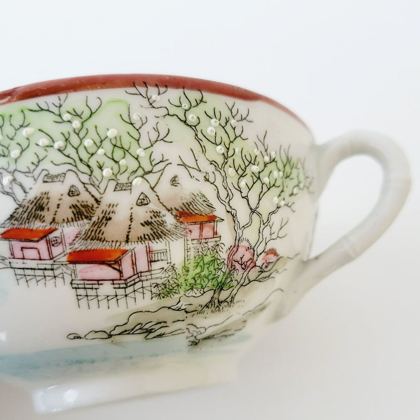 Nippon Kutani Landscape Teacup & Saucers, Hand Painted Japanese Mountain Lake Scene