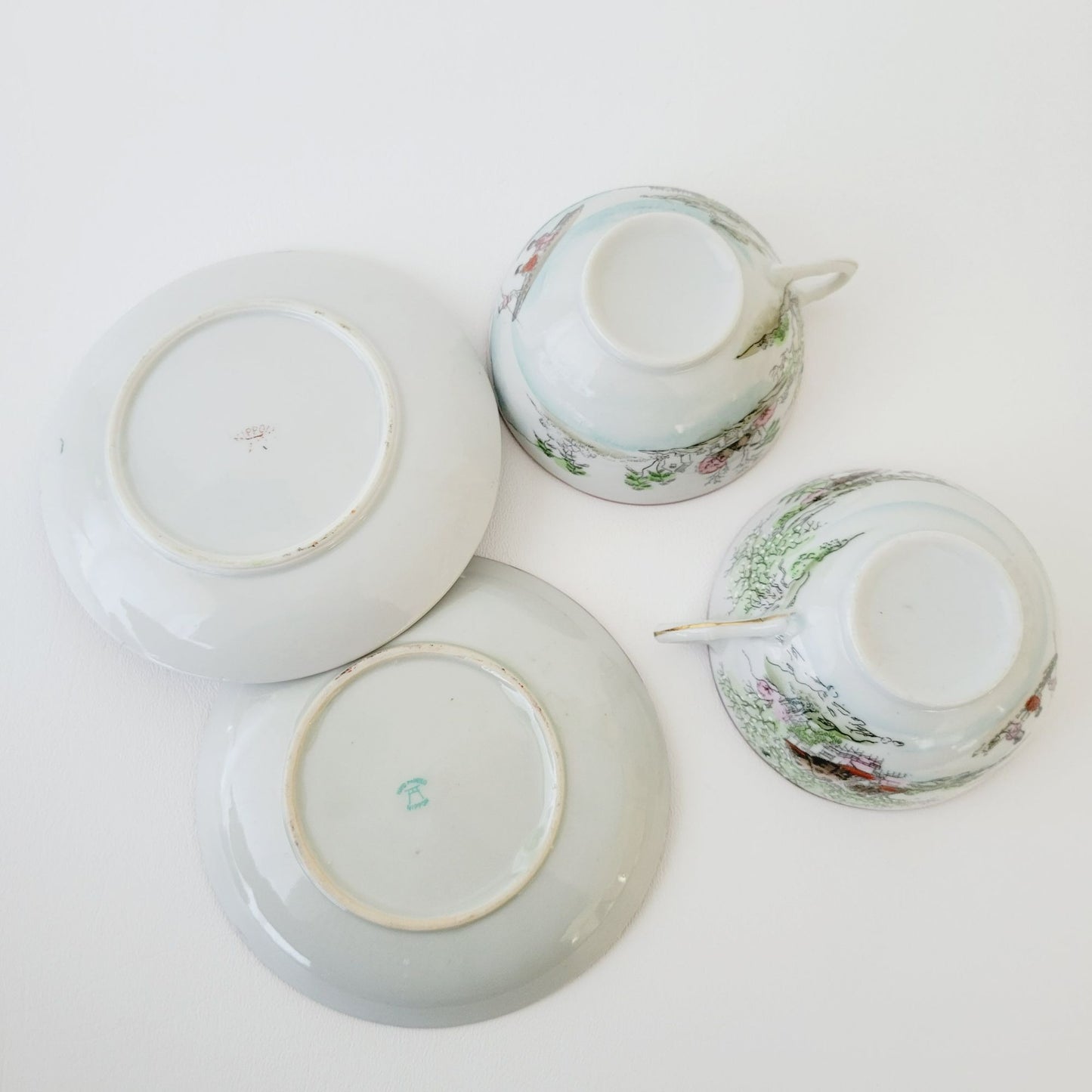 Nippon Kutani Landscape Teacup & Saucers, Hand Painted Japanese Mountain Lake Scene