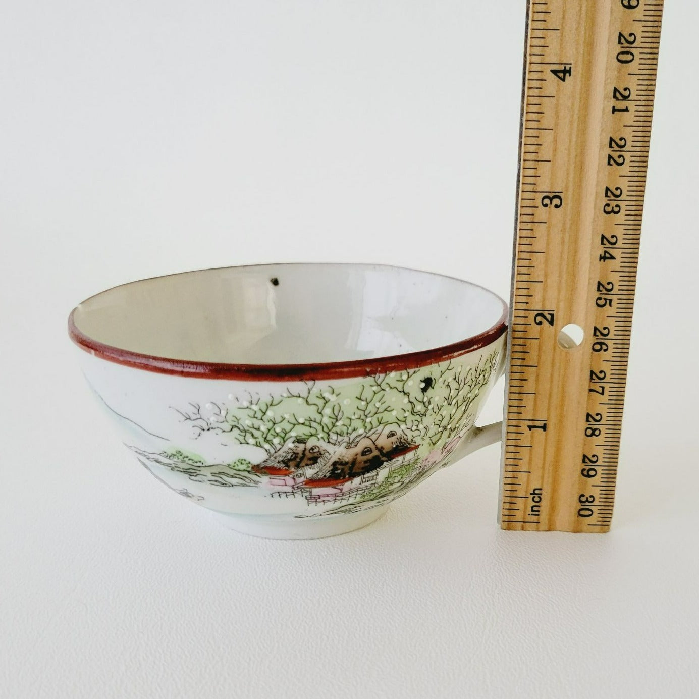 Nippon Kutani Landscape Teacup & Saucers, Hand Painted Japanese Mountain Lake Scene