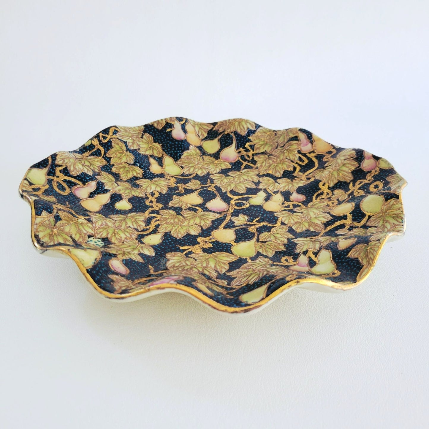 Chinese Cloisonne Ruffle Edge Plate, Embossed Gold Leaf & Fruit