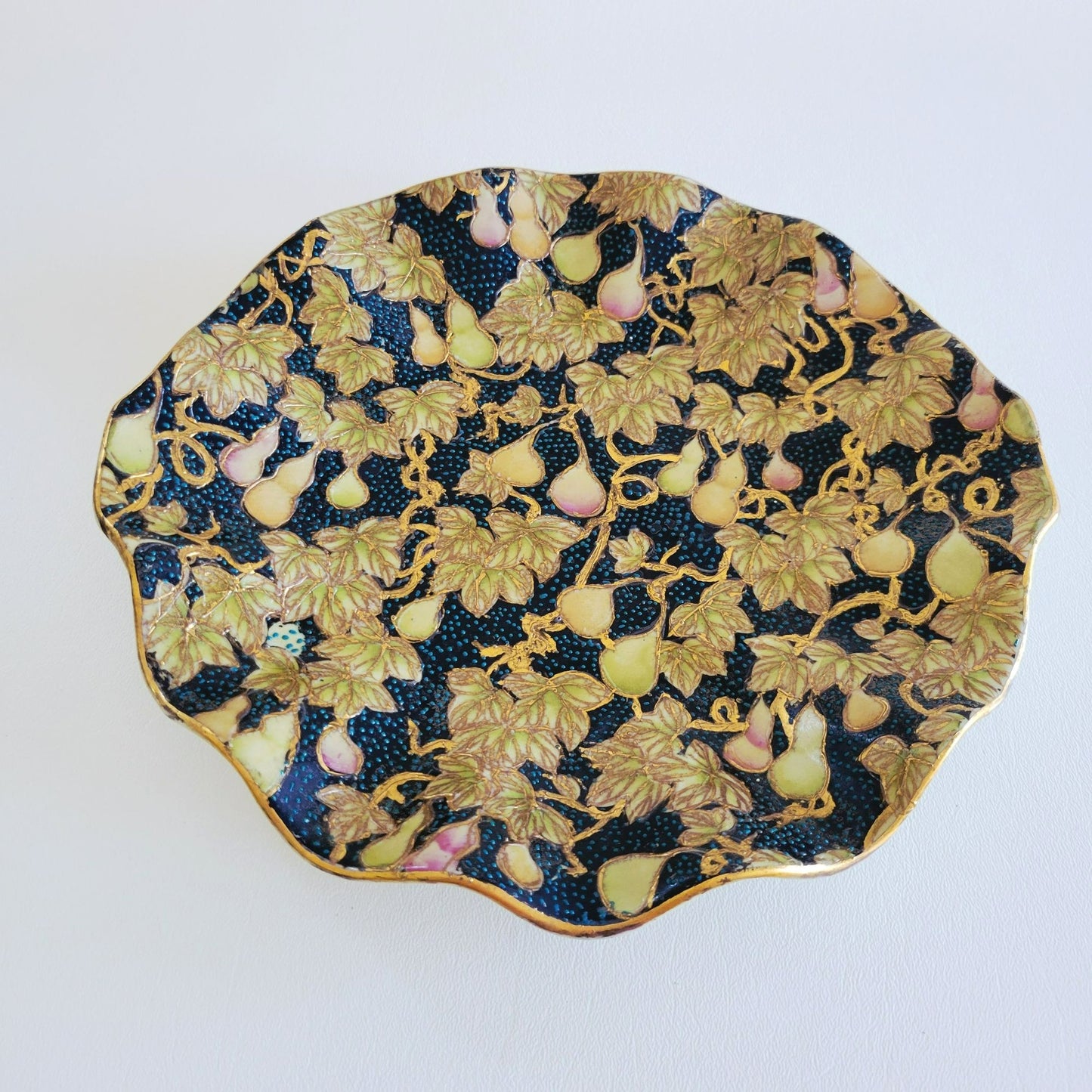 Chinese Cloisonne Ruffle Edge Plate, Embossed Gold Leaf & Fruit