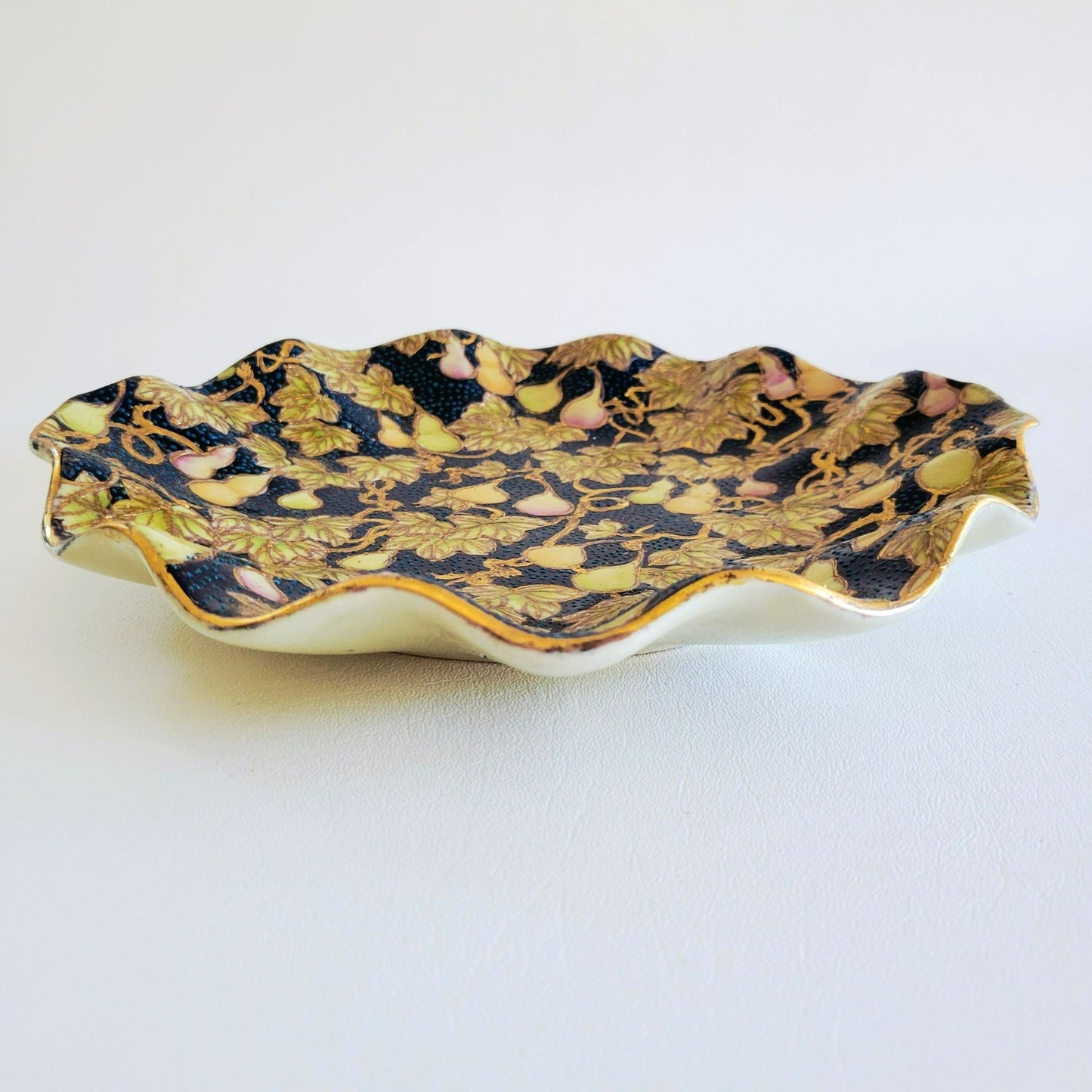 Chinese Cloisonne Ruffle Edge Plate, Embossed Gold Leaf & Fruit