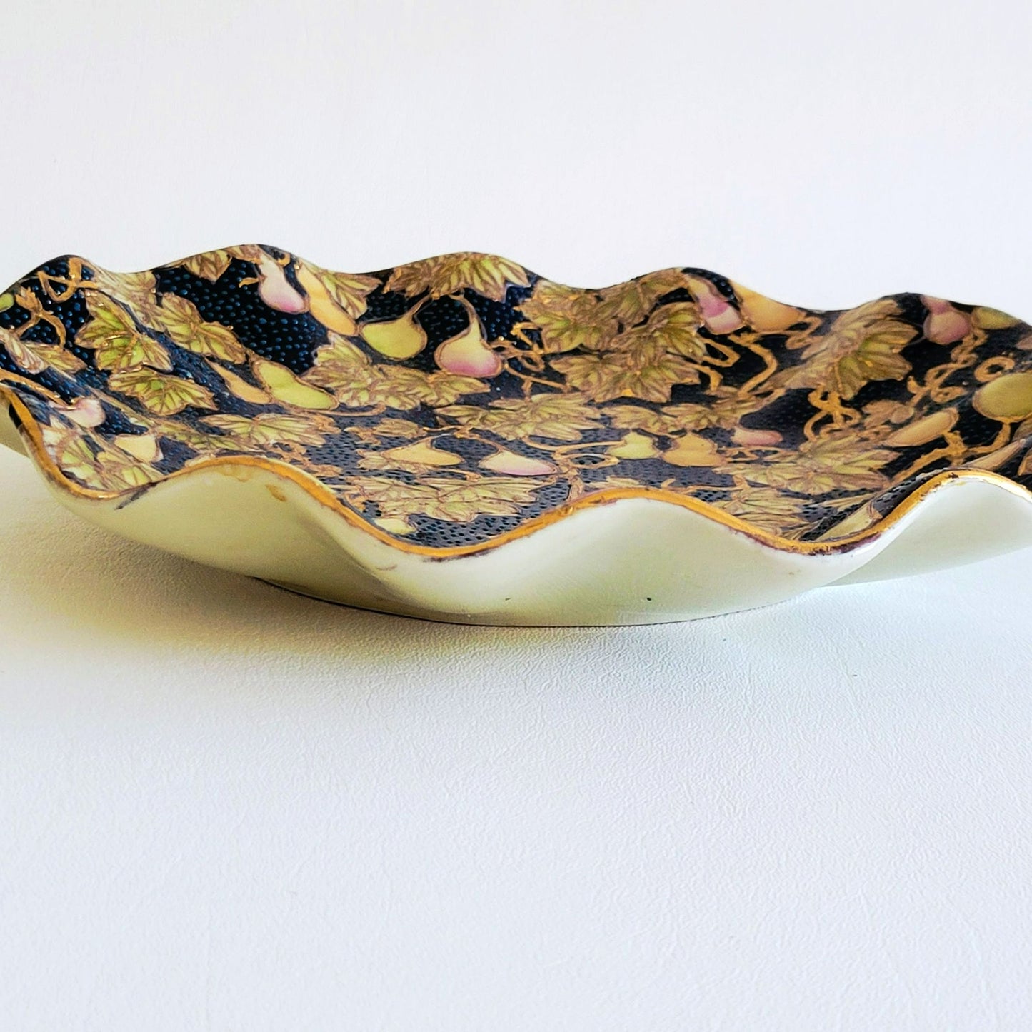 Chinese Cloisonne Ruffle Edge Plate, Embossed Gold Leaf & Fruit