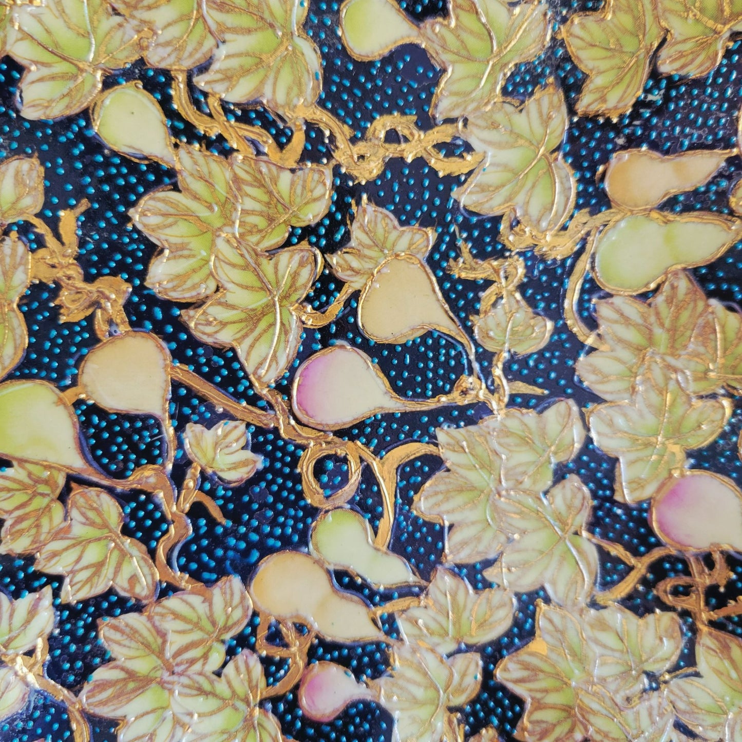 Chinese Cloisonne Ruffle Edge Plate, Embossed Gold Leaf & Fruit