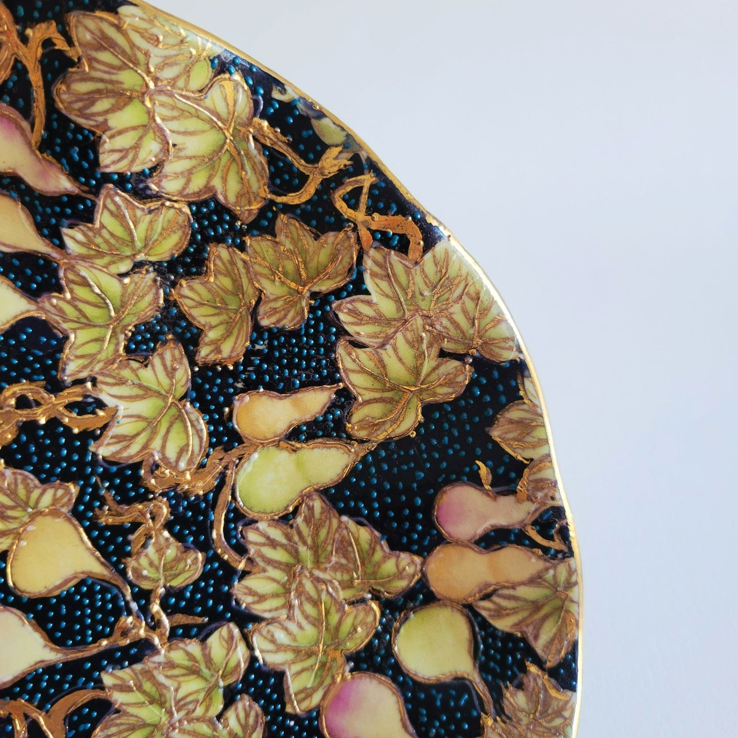 Chinese Cloisonne Ruffle Edge Plate, Embossed Gold Leaf & Fruit
