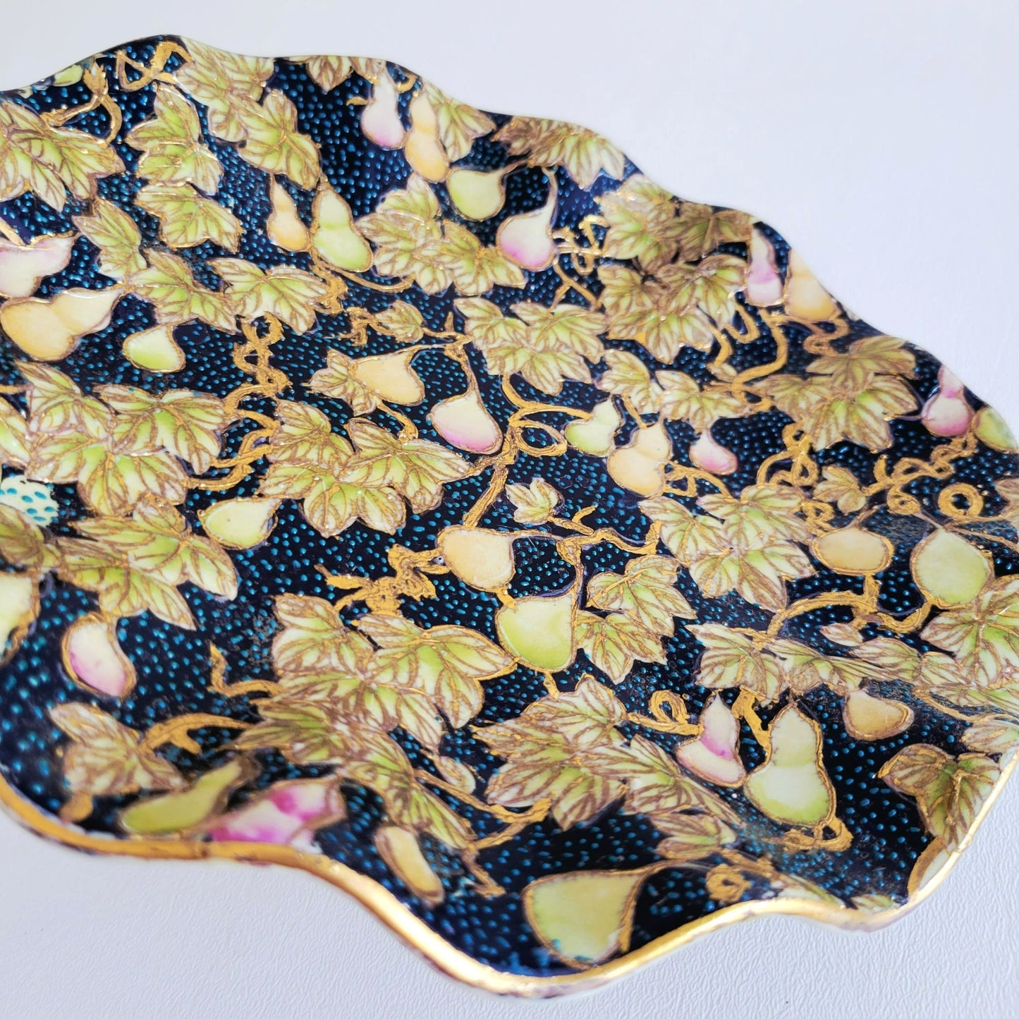 Chinese Cloisonne Ruffle Edge Plate, Embossed Gold Leaf & Fruit