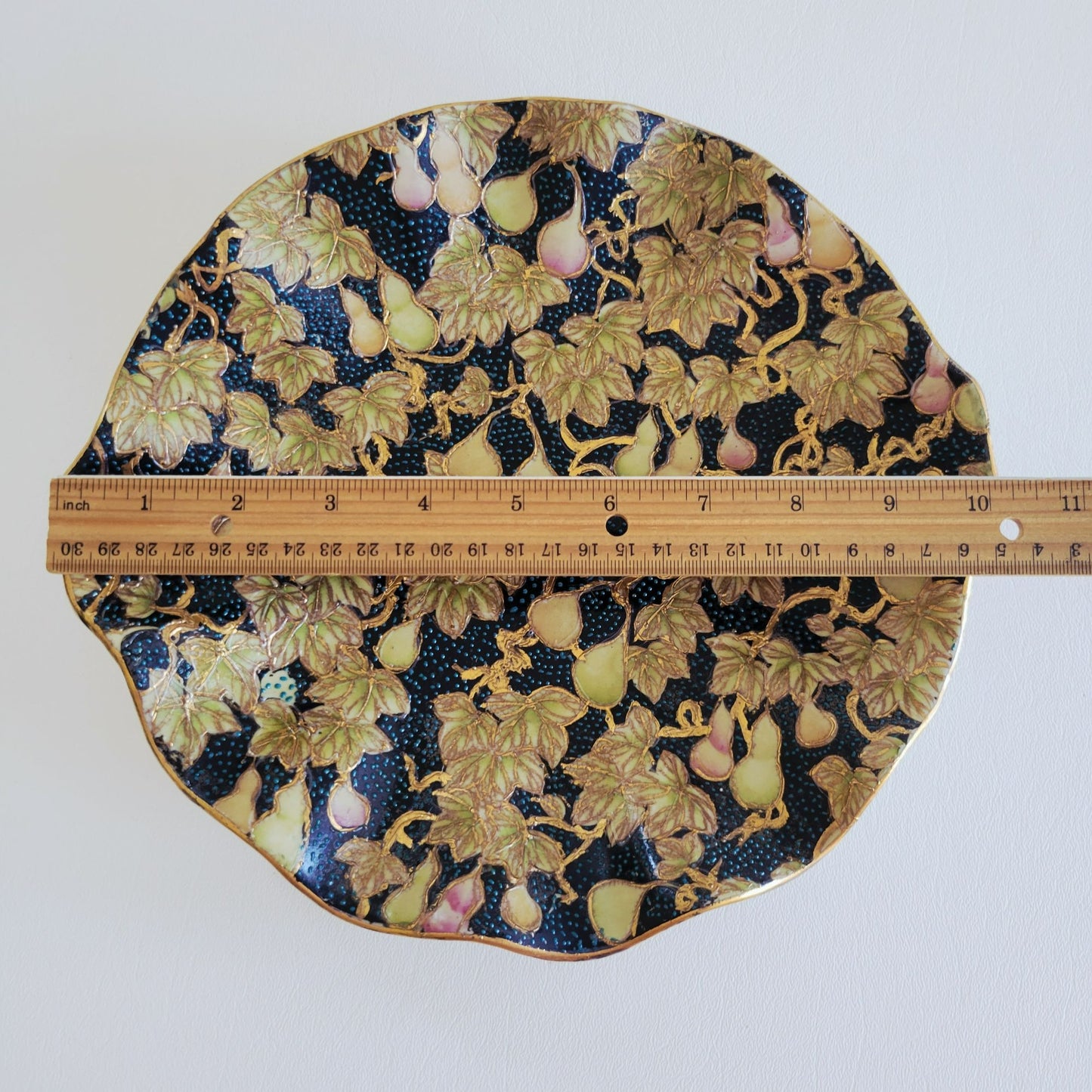 Chinese Cloisonne Ruffle Edge Plate, Embossed Gold Leaf & Fruit