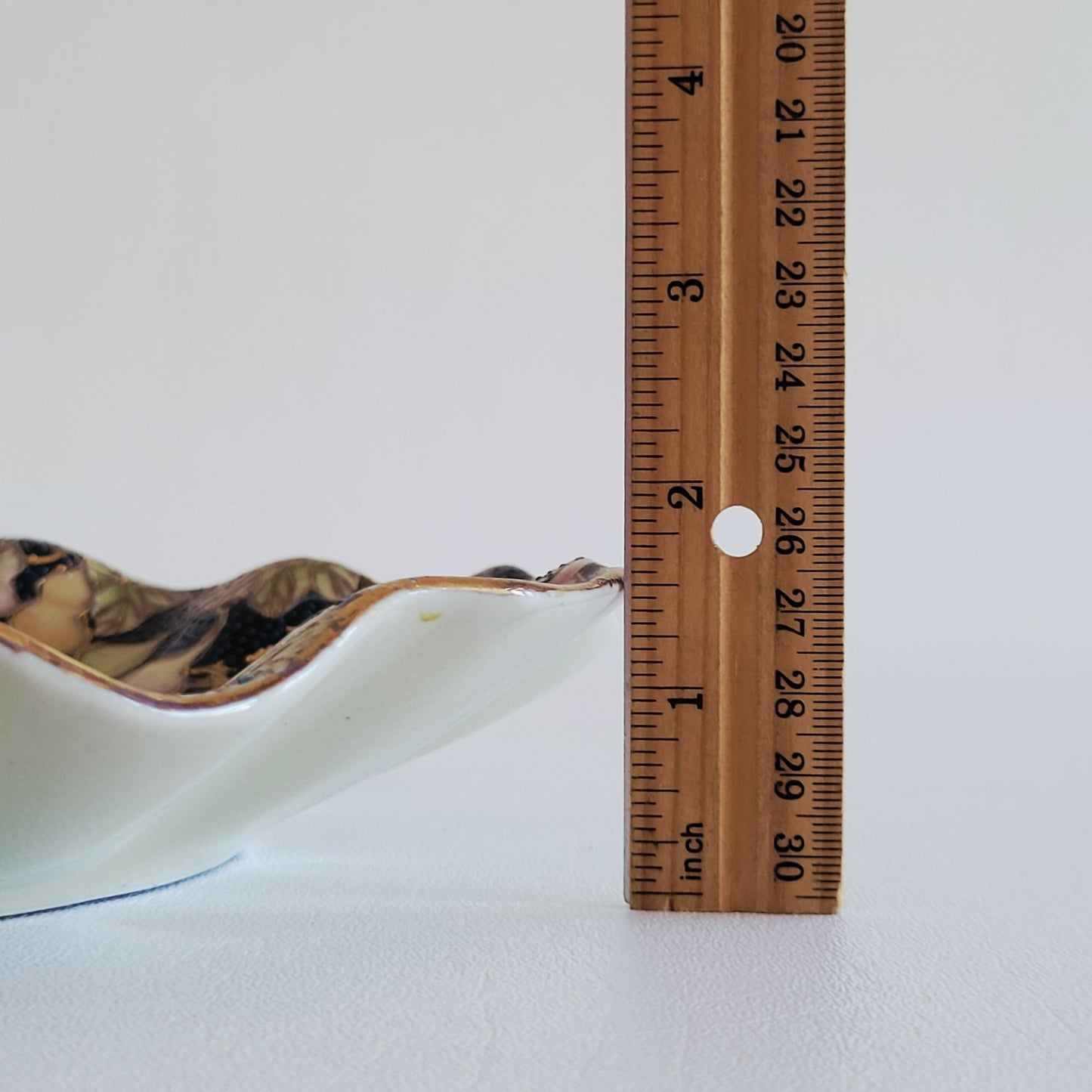Chinese Cloisonne Ruffle Edge Plate, Embossed Gold Leaf & Fruit