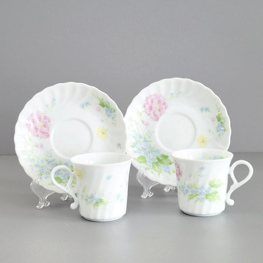 Vintage Shabby Chic Floral Swirl Teacup & Saucer, 2 Sets, Pastel Pink, Blue, Yellow Floral by Maple