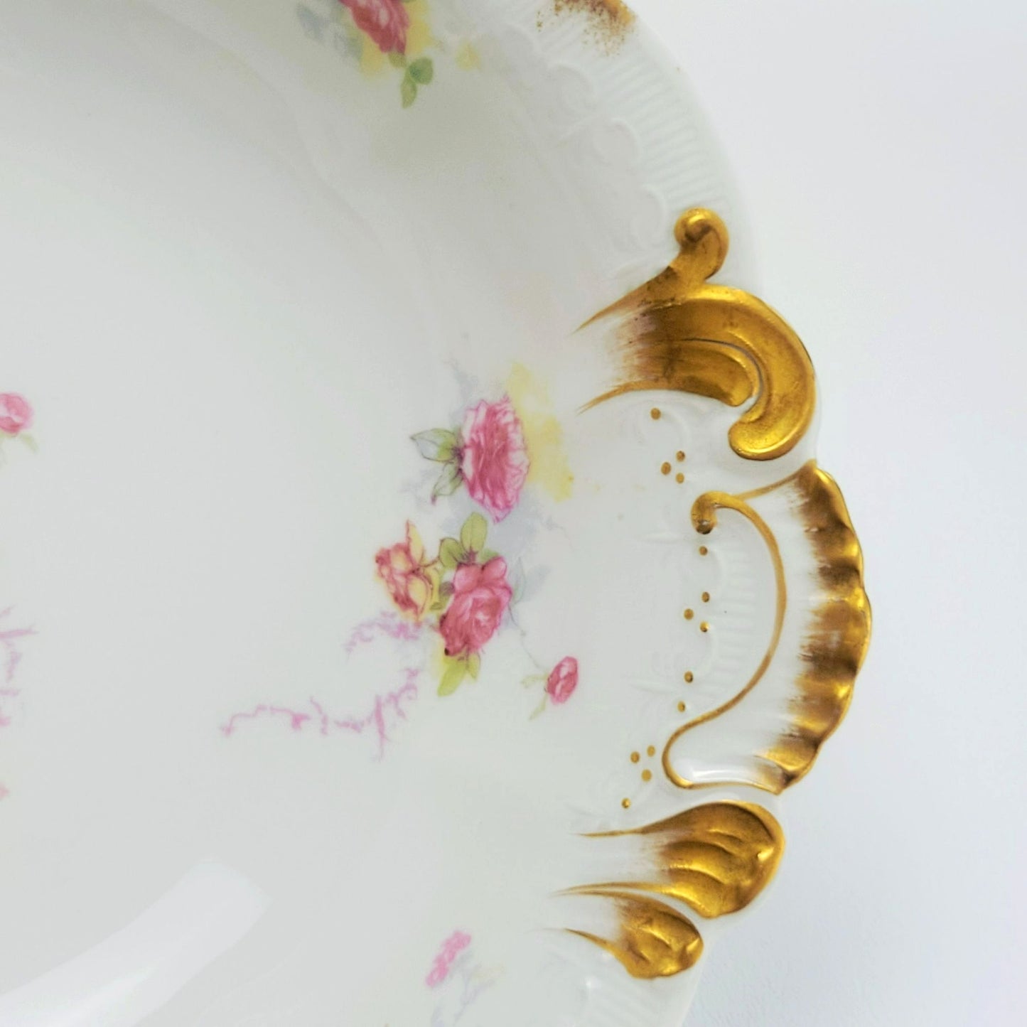 Antique Limoges Shabby Chic Floral Bowl, Heavy Gold Trim, Embossed Edging, Hand Painted Pink Roses, c1890-1902 France by Jean Pouyat