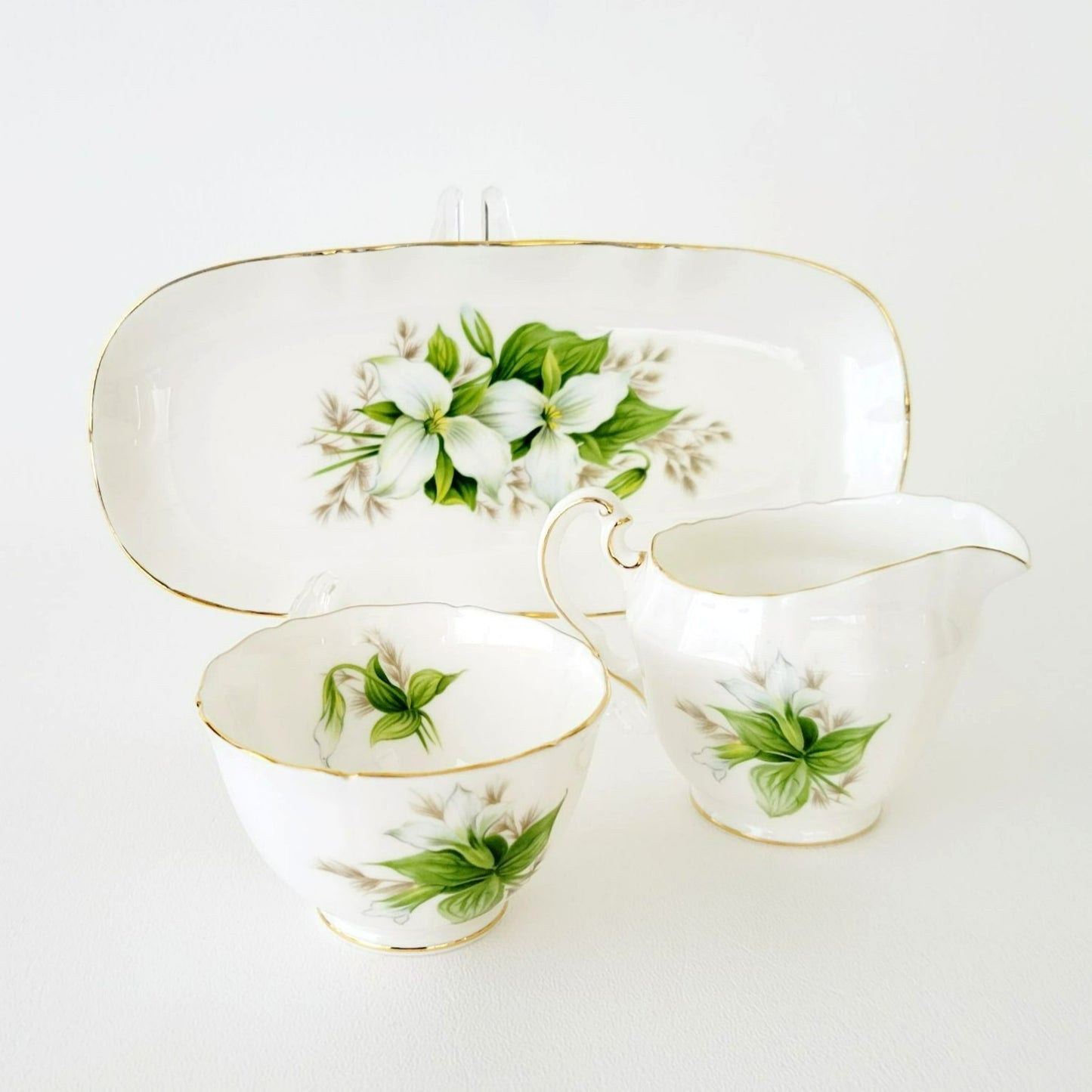 Royal Adderley Trillium Creamer, Sugar Bowl & Tray Petite Set, White and Green Floral, England