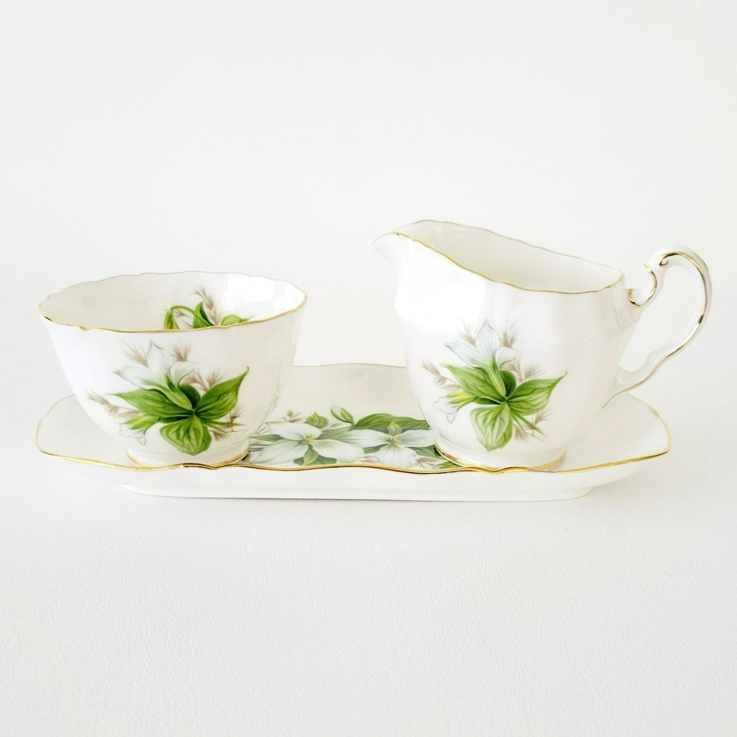 Royal Adderley Trillium Creamer, Sugar Bowl & Tray Petite Set, White and Green Floral, England