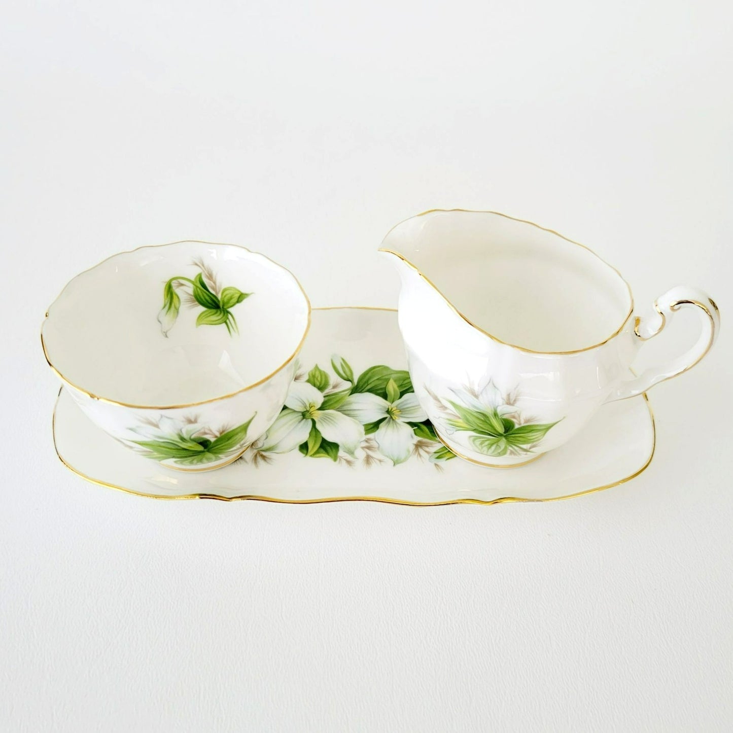 Royal Adderley Trillium Creamer, Sugar Bowl & Tray Petite Set, White and Green Floral, England