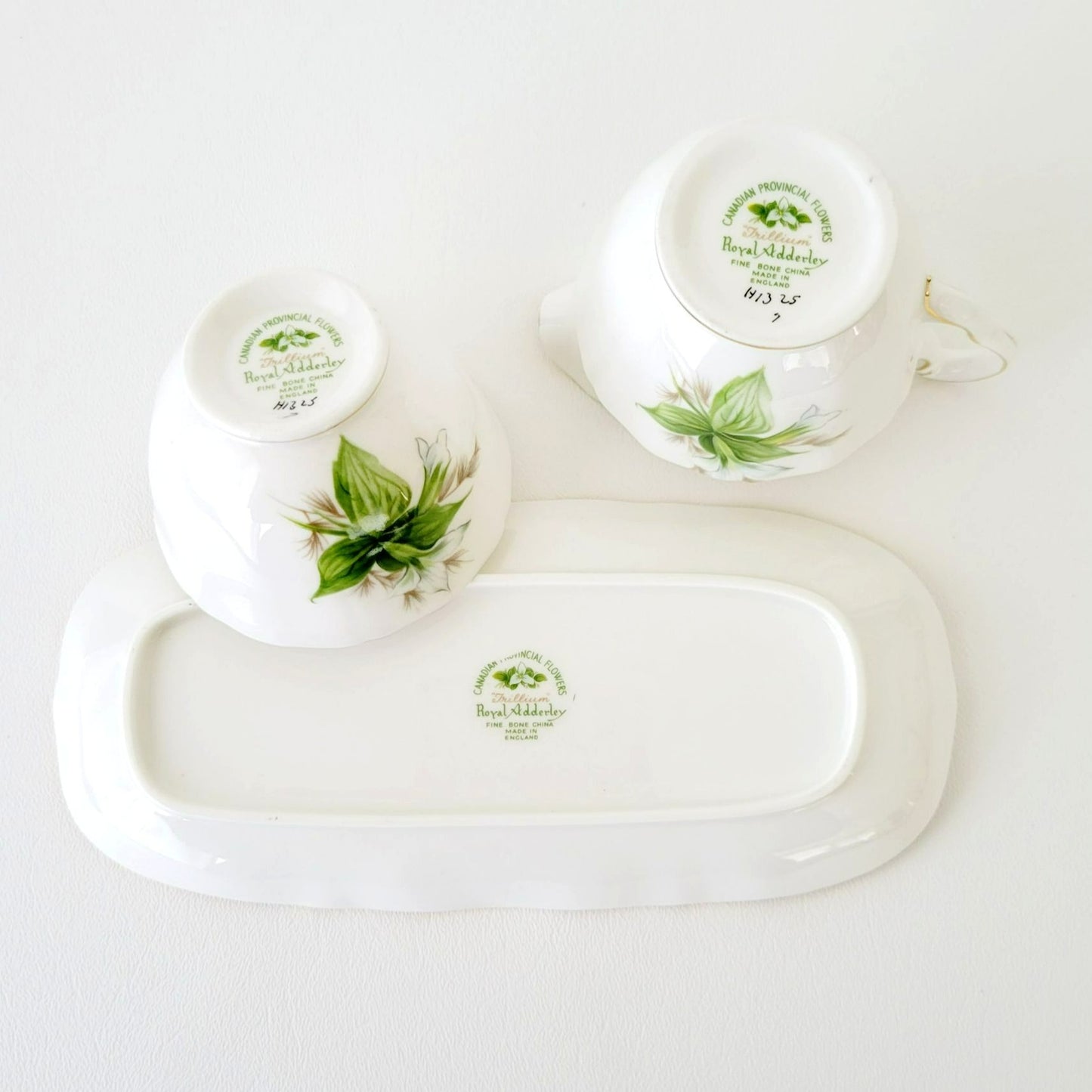Royal Adderley Trillium Creamer, Sugar Bowl & Tray Petite Set, White and Green Floral, England