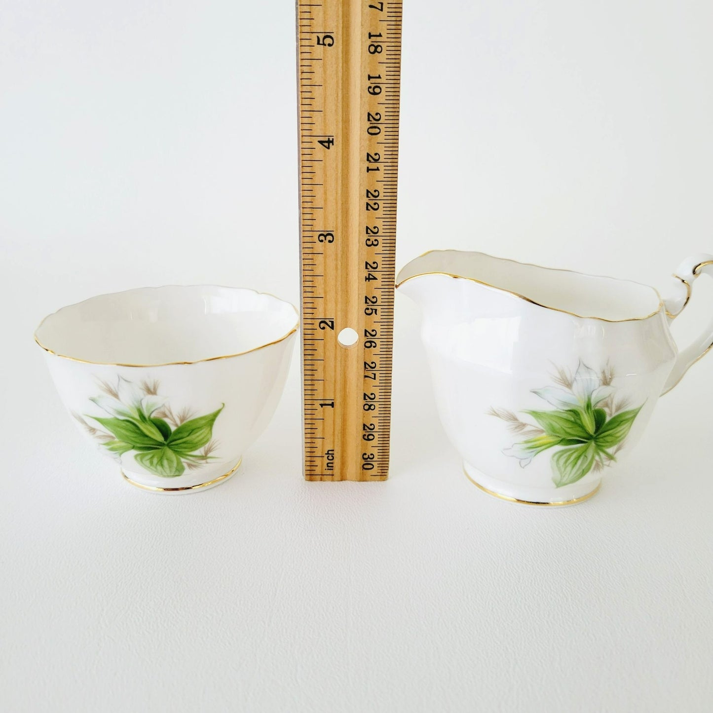 Royal Adderley Trillium Creamer, Sugar Bowl & Tray Petite Set, White and Green Floral, England