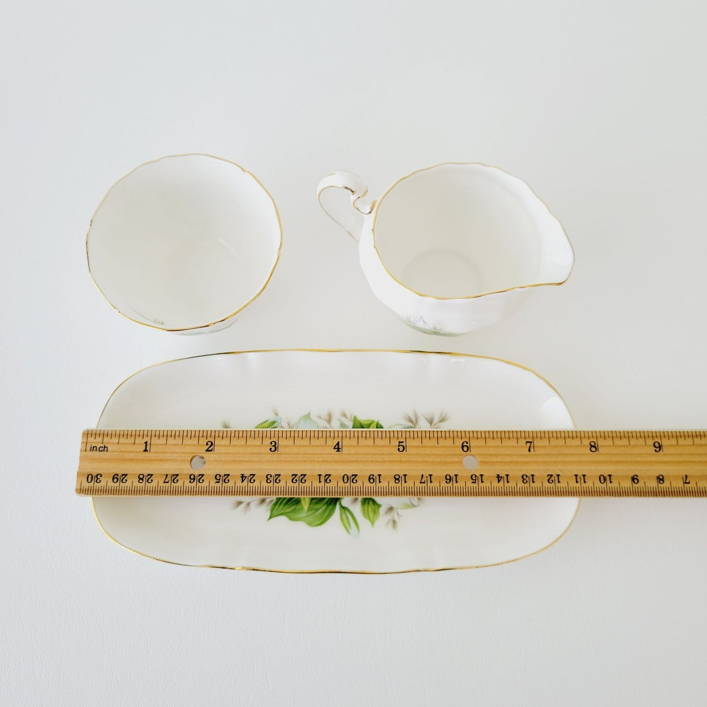 Royal Adderley Trillium Creamer, Sugar Bowl & Tray Petite Set, White and Green Floral, England