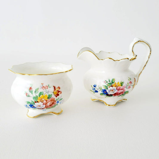 Aynsley Petite Creamer & Sugar Bowl, Multicolor Floral Bouquets, Gold Trim, Made in England