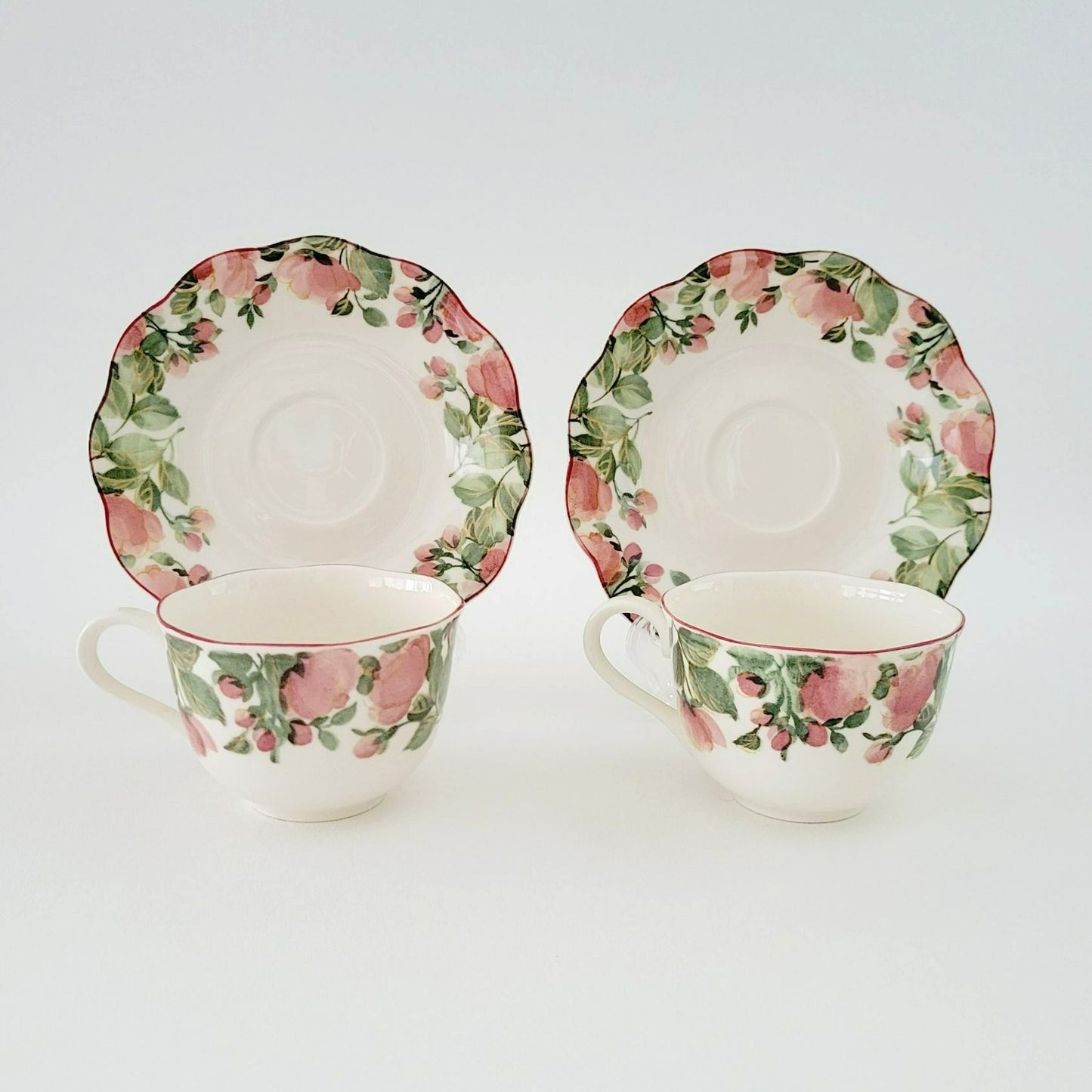 Nikko Precious Floral Tea Cup & Saucer, 2 Sets, Pink Poppies with Red Trim, Made in Japan