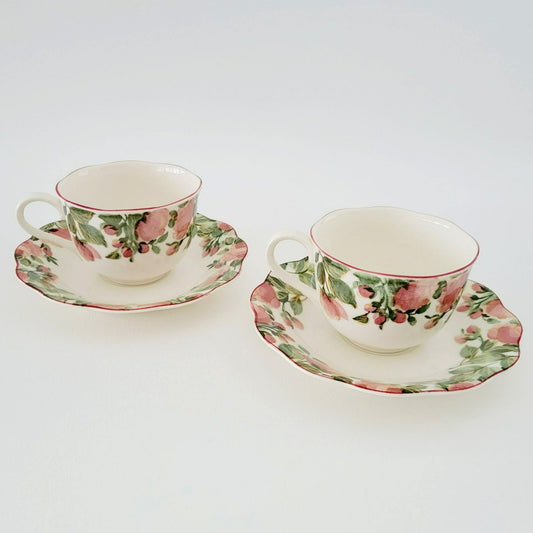 Nikko Precious Floral Tea Cup & Saucer, 2 Sets, Pink Poppies with Red Trim, Made in Japan