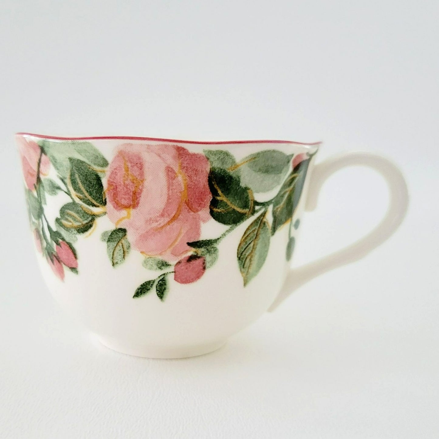 Nikko Precious Floral Tea Cup & Saucer, 2 Sets, Pink Poppies with Red Trim, Made in Japan