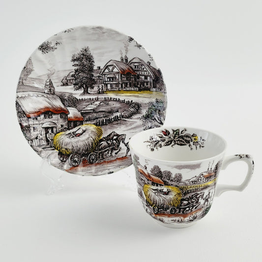Staffordshire Yorkshire Teacup & Saucer, English Countryside Farm Scene, Ironstone Made in England