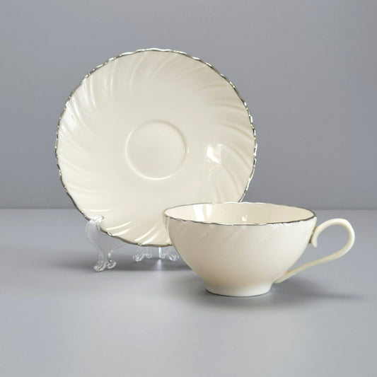 Vintage Lenox Weatherly Teacup & Saucer, Swirled Edge & Platinum Trim, c.1959-86 USA