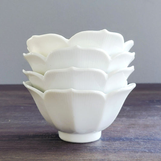 White Lotus Flower Rice Bowl Set of 4