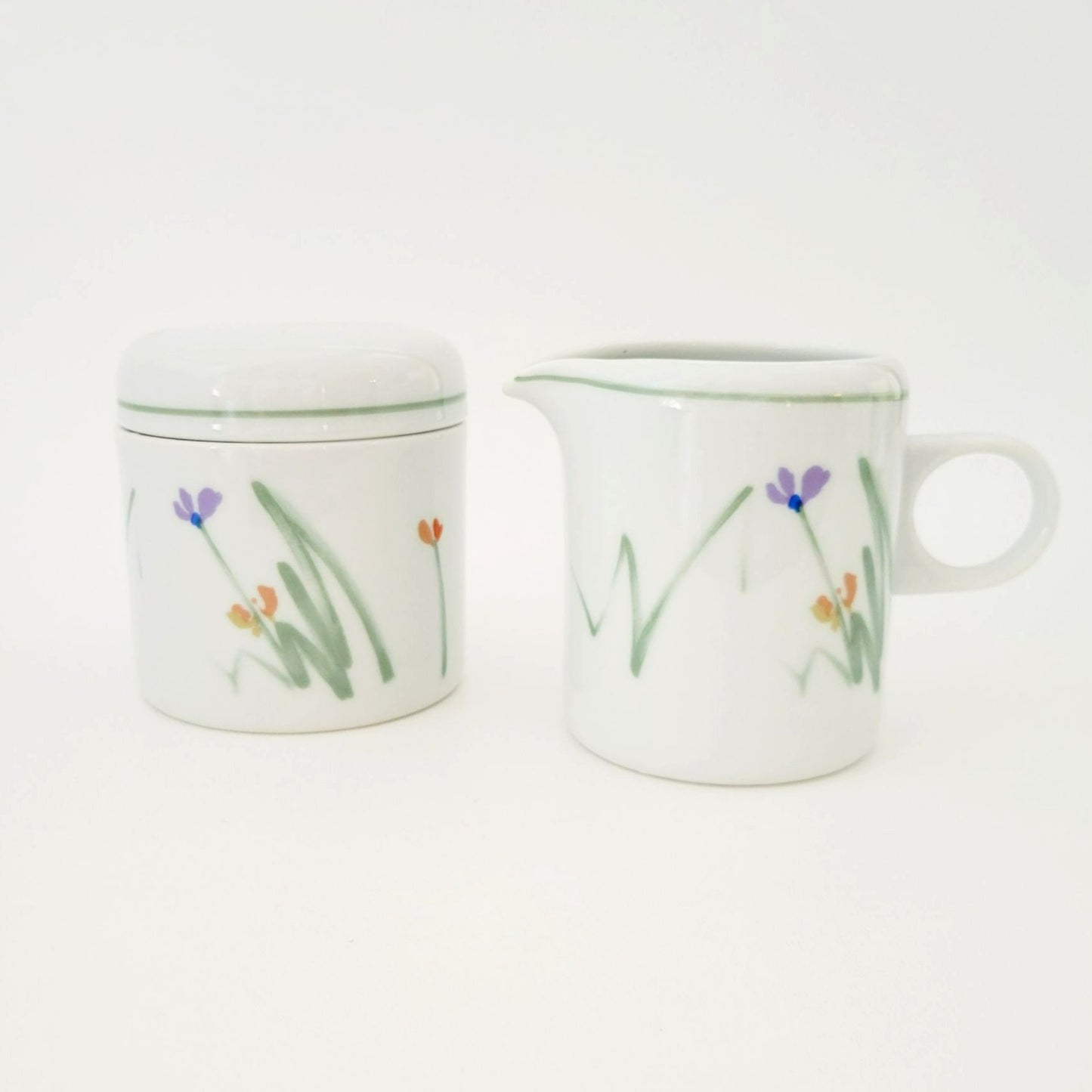 Mikasa Metro Sketch Book Creamer & Sugar Bowl, Long Stem Wild Flowers, c.1980s Japan