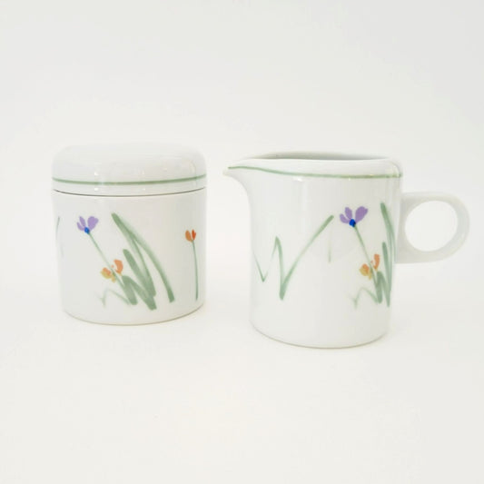 Mikasa Metro Sketch Book Creamer & Sugar Bowl, Long Stem Wild Flowers, c.1980s Japan