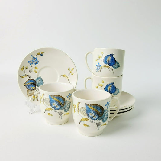 SylvaC Lime Grove Tea Cup & Saucer, 4 Sets, Beige with Blue Leaf & Floral, c.1960s England