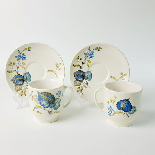 SylvaC Lime Grove Tea Cup & Saucer, 4 Sets, Beige with Blue Leaf & Floral, c.1960s England