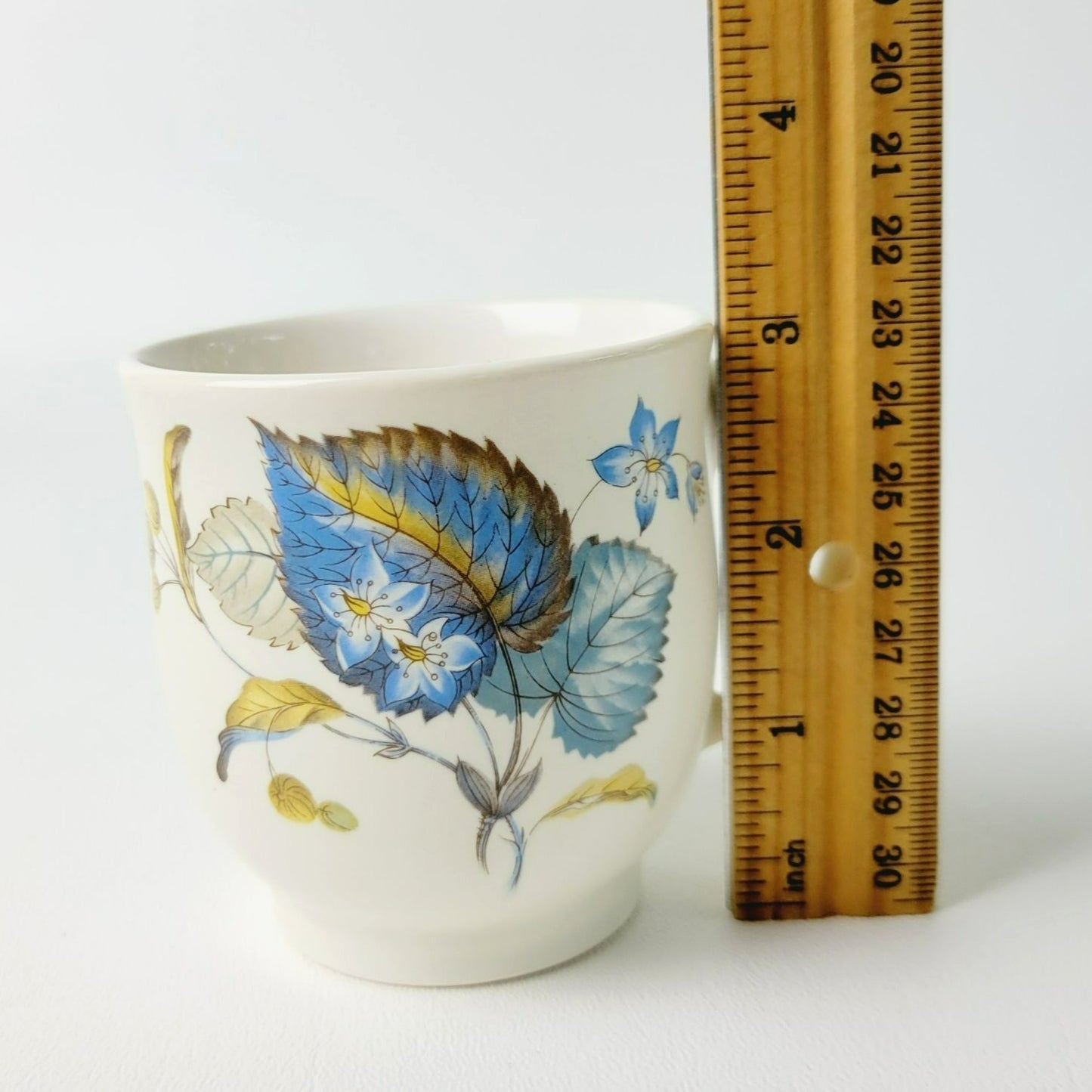 SylvaC Lime Grove Tea Cup & Saucer, 4 Sets, Beige with Blue Leaf & Floral, c.1960s England