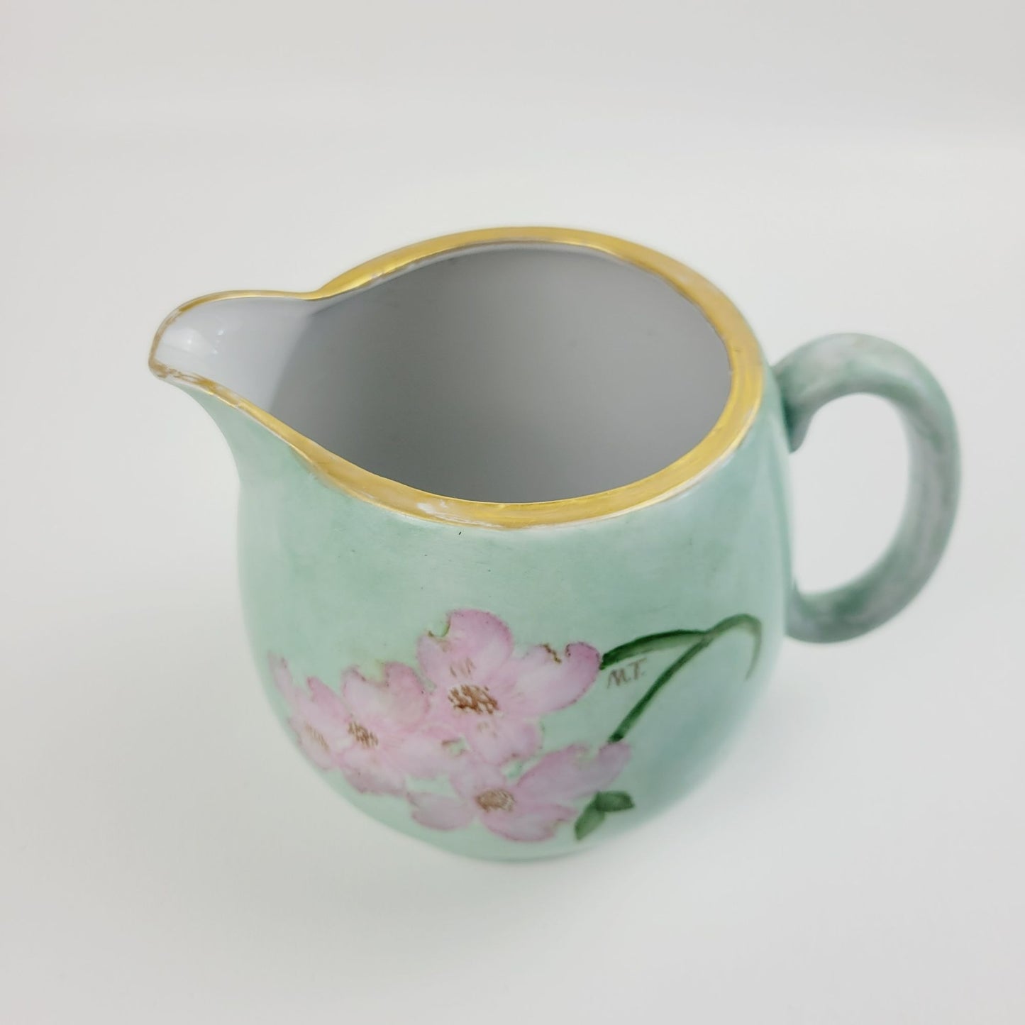 Hand-Painted Green & Pink Floral Ceramic Pitcher, Artist Signed, Made In Japan